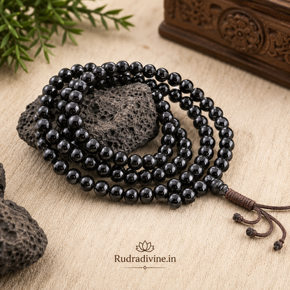 Black Agate Mala 108+1 Beads crafted with natural 8MM Black Agate gemstones and official Lab Certificate by Rudra Divine for meditation, mantra chanting and spiritual wellness.