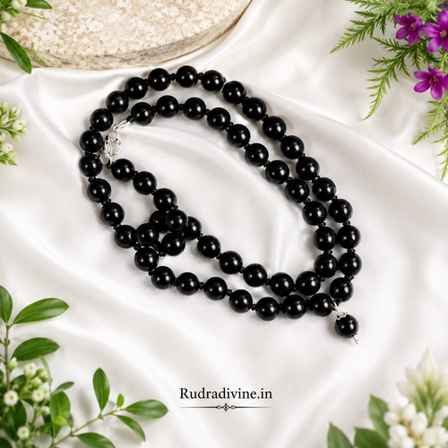 Black Agate Mala 27+1 Beads crafted with natural 8MM Black Agate gemstones and official Lab Certificate by Rudra Divine for meditation, mantra chanting and spiritual wellness.