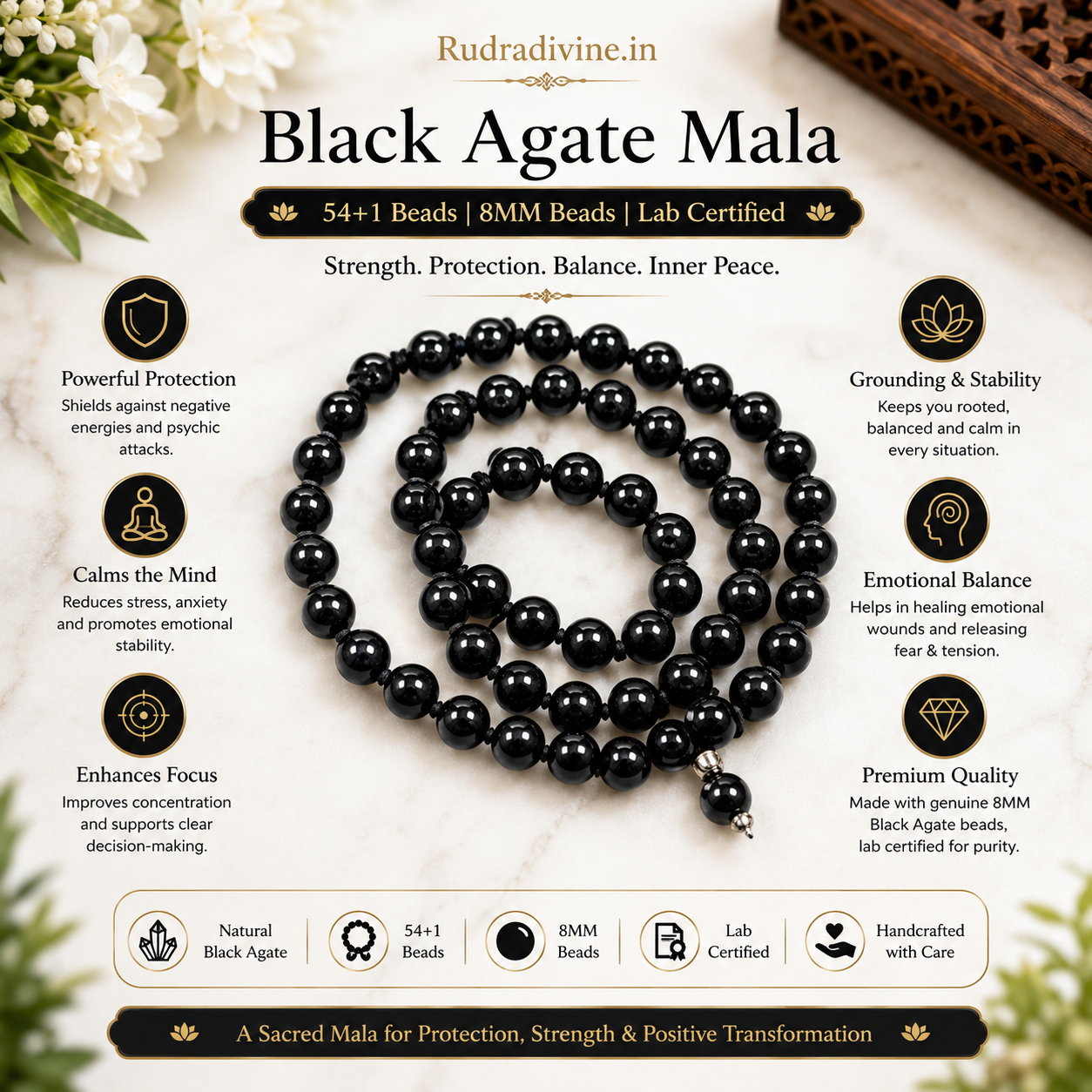 Black Agate Mala 27+1 Beads crafted with natural 8MM Black Agate gemstones and official Lab Certificate by Rudra Divine for meditation, mantra chanting and spiritual wellness.