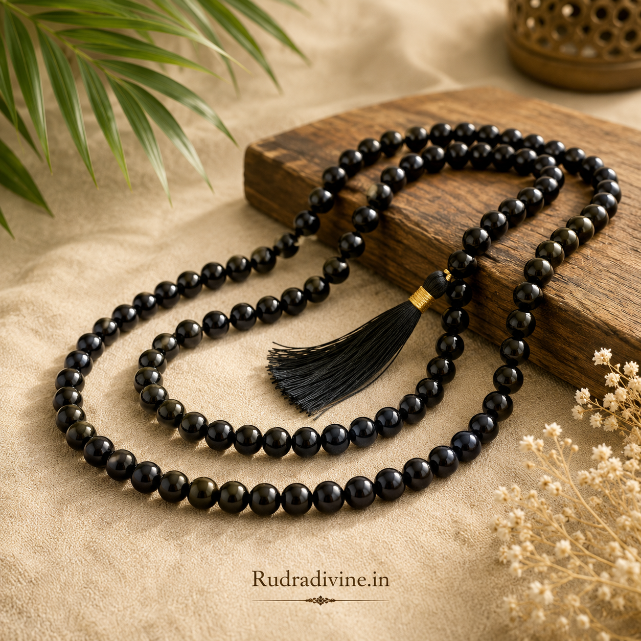Black Agate Mala 27+1 Beads crafted with natural 8MM Black Agate gemstones and official Lab Certificate by Rudra Divine for meditation, mantra chanting and spiritual wellness.