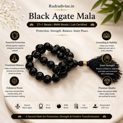 Black Agate Mala 27+1 Beads crafted with natural 8MM Black Agate gemstones and official Lab Certificate by Rudradivine for meditation, mantra chanting and spiritual wellness.