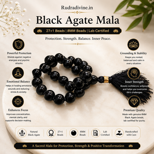 Black Agate Mala 27+1 Beads crafted with natural 8MM Black Agate gemstones and official Lab Certificate by Rudradivine for meditation, mantra chanting and spiritual wellness.