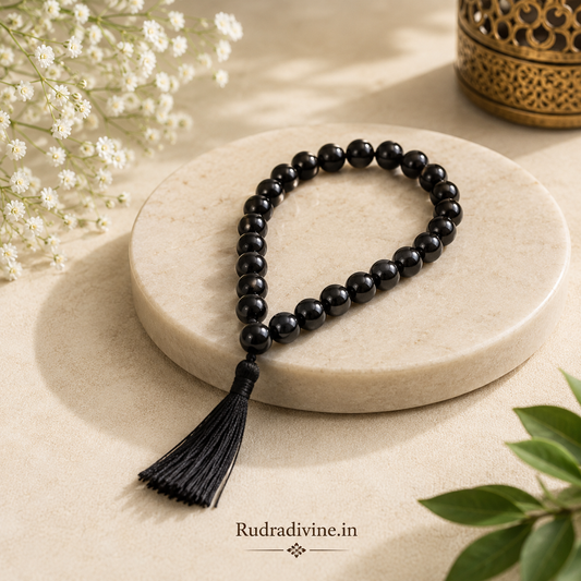 Black Agate Mala 27+1 Beads crafted with natural 8MM Black Agate gemstones and official Lab Certificate by Rudradivine for meditation, mantra chanting and spiritual wellness.