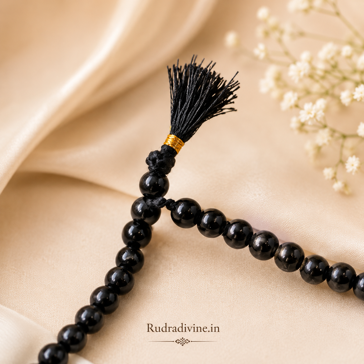 Black Agate Mala 27+1 Beads crafted with natural 8MM Black Agate gemstones and official Lab Certificate by Rudradivine for meditation, mantra chanting and spiritual wellness.