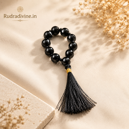 Black Agate Mala 9+1 Beads crafted with natural 8mm Black Agate gemstones and official Lab Certificate by Rudradivine.in for confidence, protection and meditation