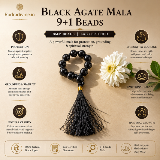 Black Agate Mala 9+1 Beads crafted with natural 8mm Black Agate gemstones and official Lab Certificate by Rudradivine.in for confidence, protection and meditation