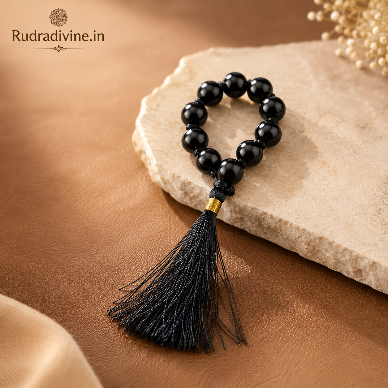 Black Agate Mala 9+1 Beads crafted with natural 8mm Black Agate gemstones and official Lab Certificate by Rudradivine.in for confidence, protection and meditation