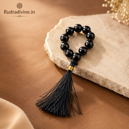 Black Agate Mala 9+1 Beads crafted with natural 8mm Black Agate gemstones and official Lab Certificate by Rudradivine.in for confidence, protection and meditation