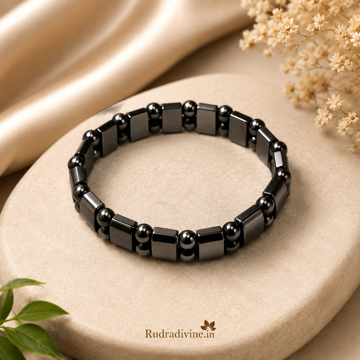 Black Magnetic Weight Loss & BP Control Bracelet 12MM with lab certification by Rudradivine, designed for magnetic wellness and stylish everyday wear.