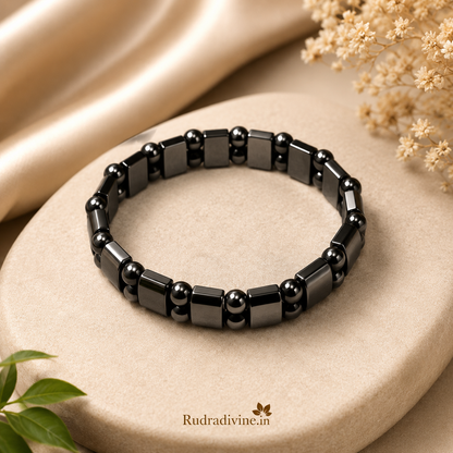 Black Magnetic Weight Loss & BP Control Bracelet 12MM with lab certification by Rudradivine, designed for magnetic wellness and stylish everyday wear.