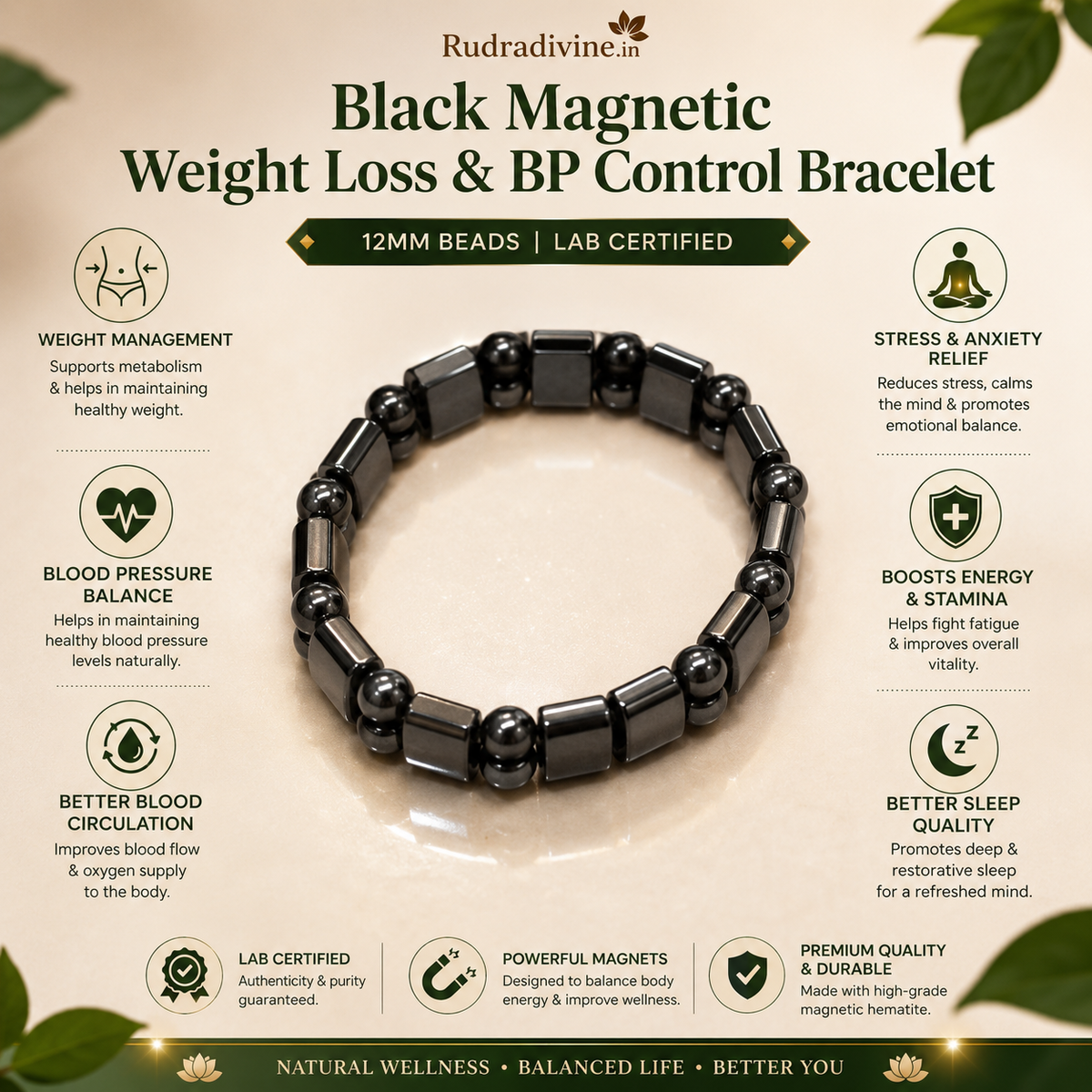 Black Magnetic Weight Loss & BP Control Bracelet 12MM with lab certification by Rudradivine, designed for magnetic wellness and stylish everyday wear.