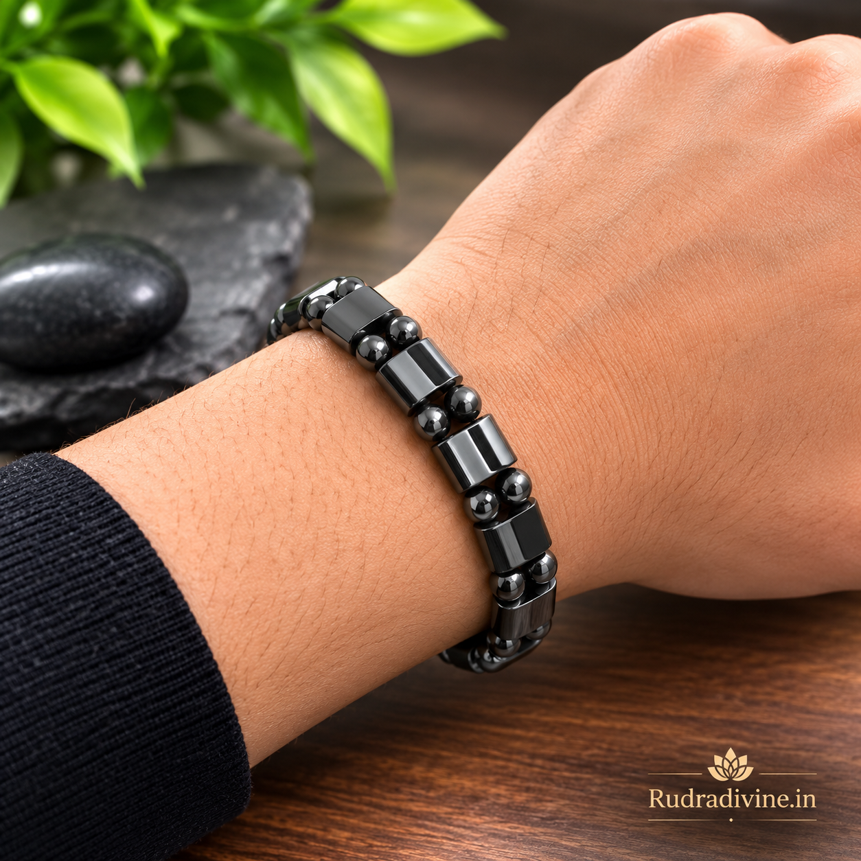 Black Magnetic Weight Loss & BP Control Bracelet 12MM with lab certification by Rudradivine, designed for magnetic wellness and stylish everyday wear.