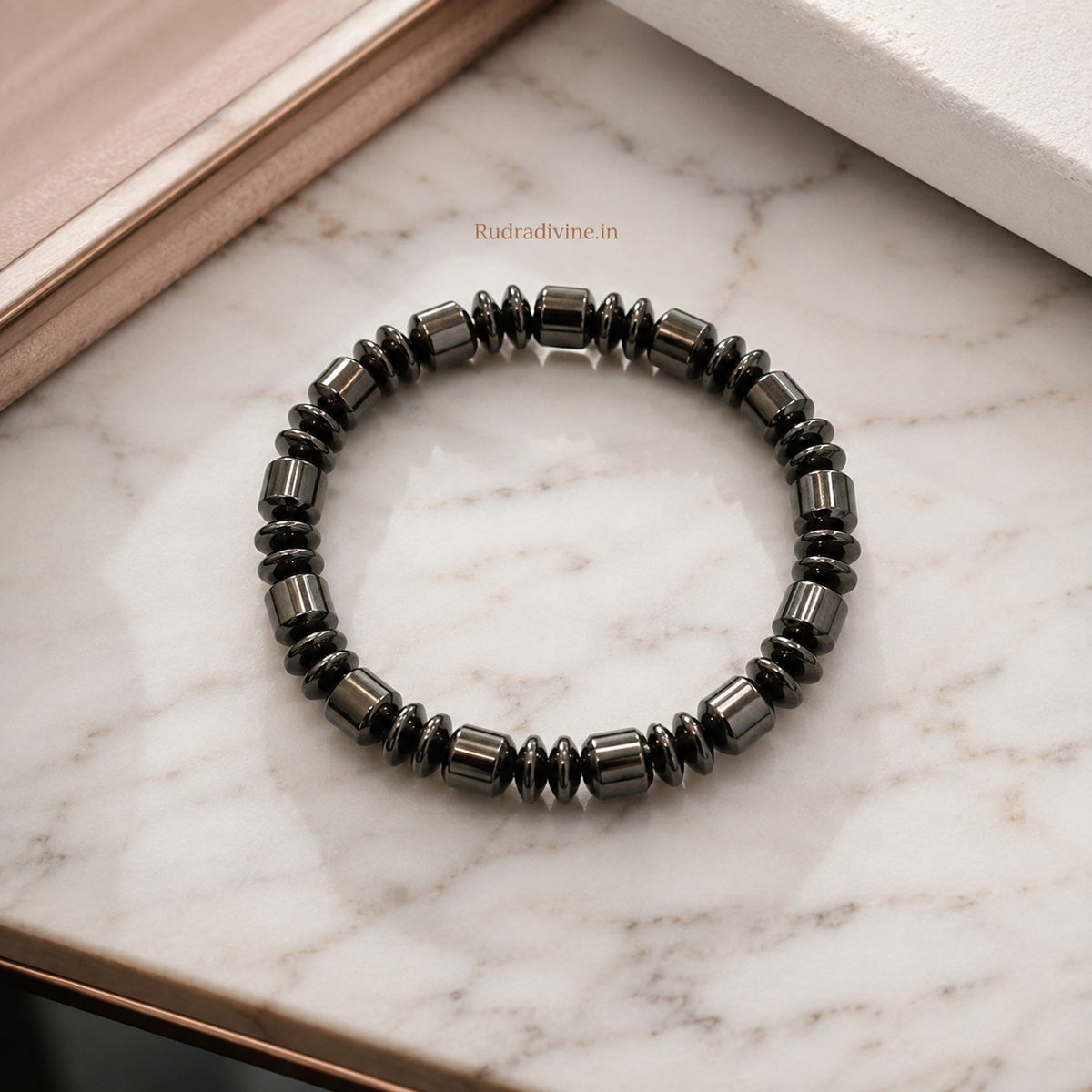 Black Magnetic Weight Loss & BP Control Bracelet with 8MM beads and Lab Certificate by Rudradivine, designed as an everyday wellness and spiritual lifestyle accessory.