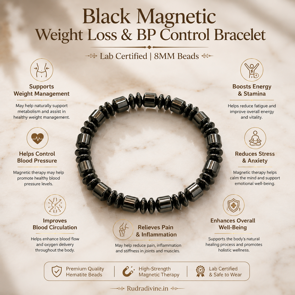 Black Magnetic Weight Loss & BP Control Bracelet with 8MM beads and Lab Certificate by Rudradivine, designed as an everyday wellness and spiritual lifestyle accessory.