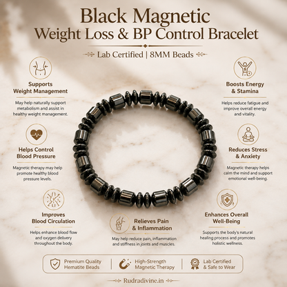 Black Magnetic Weight Loss & BP Control Bracelet with 8MM beads and Lab Certificate by Rudradivine, designed as an everyday wellness and spiritual lifestyle accessory.