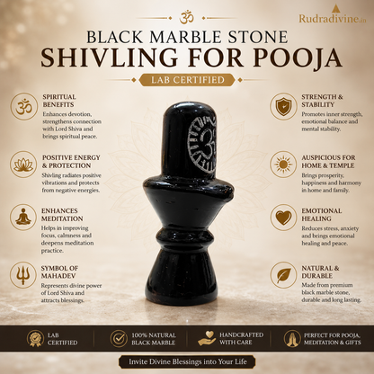 Black Marble Stone Shivling for Pooja | Lab Certified crafted from premium natural black marble with official Lab Certificate by Rudradivine for Lord Shiva worship, Abhishek, meditation and spiritual blessings.