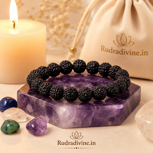 Black Rudraksha Bracelet 8MM crafted with natural Rudraksha beads and official Lab Certificate by Rudradivine for spiritual protection, meditation, inner peace, positivity, and wellness.