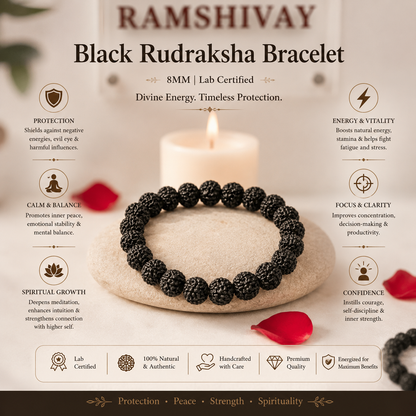 Black Rudraksha Bracelet 8MM crafted with natural Rudraksha beads and official Lab Certificate by Rudradivine for spiritual protection, meditation, inner peace, positivity, and wellness.