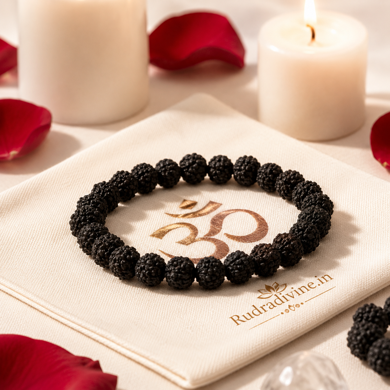 Black Rudraksha Bracelet 8MM crafted with natural Rudraksha beads and official Lab Certificate by Rudradivine for spiritual protection, meditation, inner peace, positivity, and wellness.