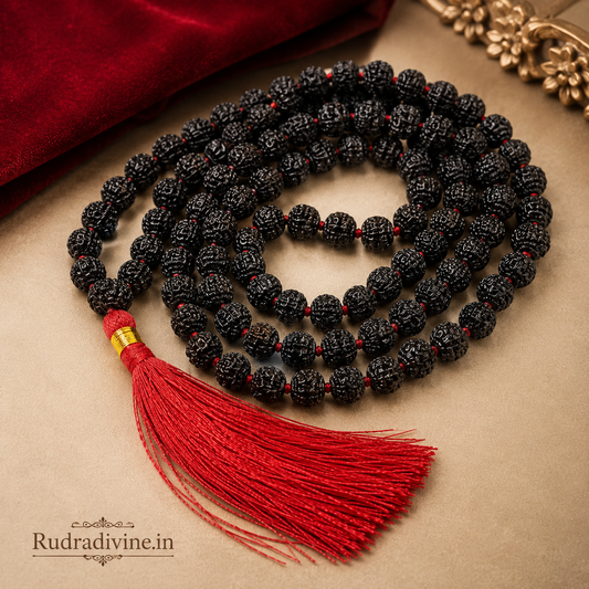 Black Rudraksha Mala 108+1 Beads crafted with natural 8MM Rudraksha beads and official Lab Certificate by Rudradivine for meditation, protection and spiritual wellness.