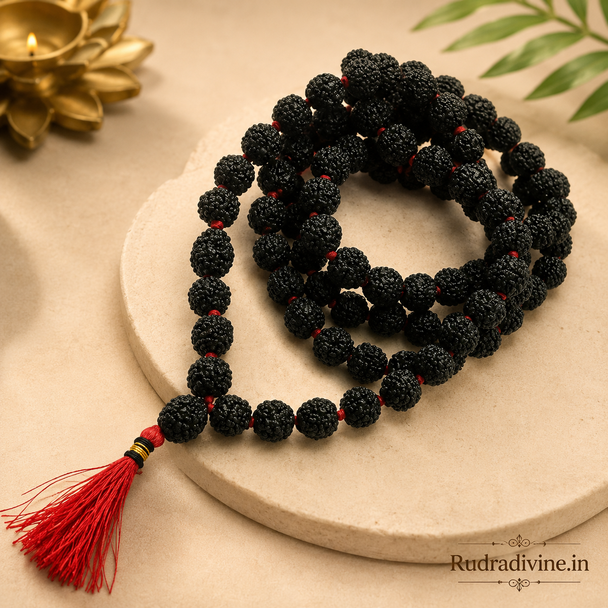 Black Rudraksha Mala 108+1 Beads crafted with natural 8MM Rudraksha beads and official Lab Certificate by Rudradivine for meditation, protection and spiritual wellness.