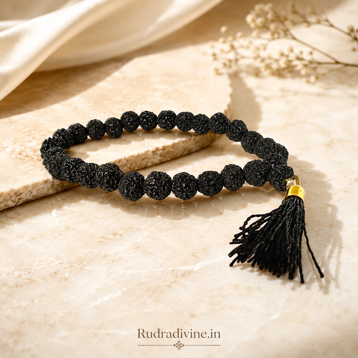 Black Rudraksha Mala 27+1 Beads crafted with natural 8MM Rudraksha beads and official Lab Certificate by Rudradivine for meditation, protection and spiritual wellness.