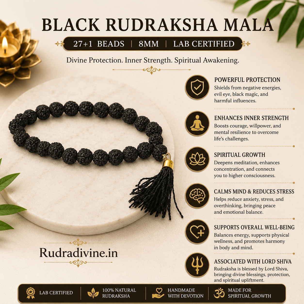 Black Rudraksha Mala 27+1 Beads crafted with natural 8MM Rudraksha beads and official Lab Certificate by Rudradivine for meditation, protection and spiritual wellness.