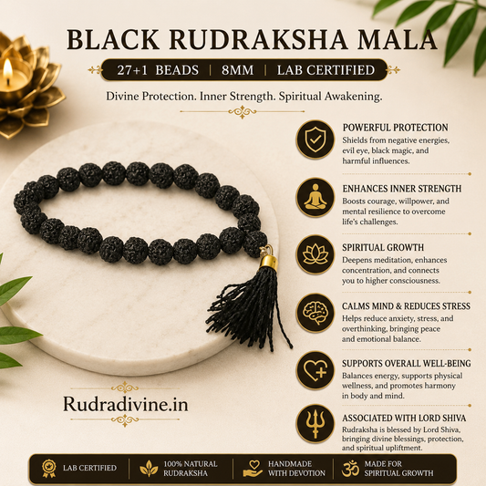 Black Rudraksha Mala 27+1 Beads crafted with natural 8MM Rudraksha beads and official Lab Certificate by Rudradivine for meditation, protection and spiritual wellness.