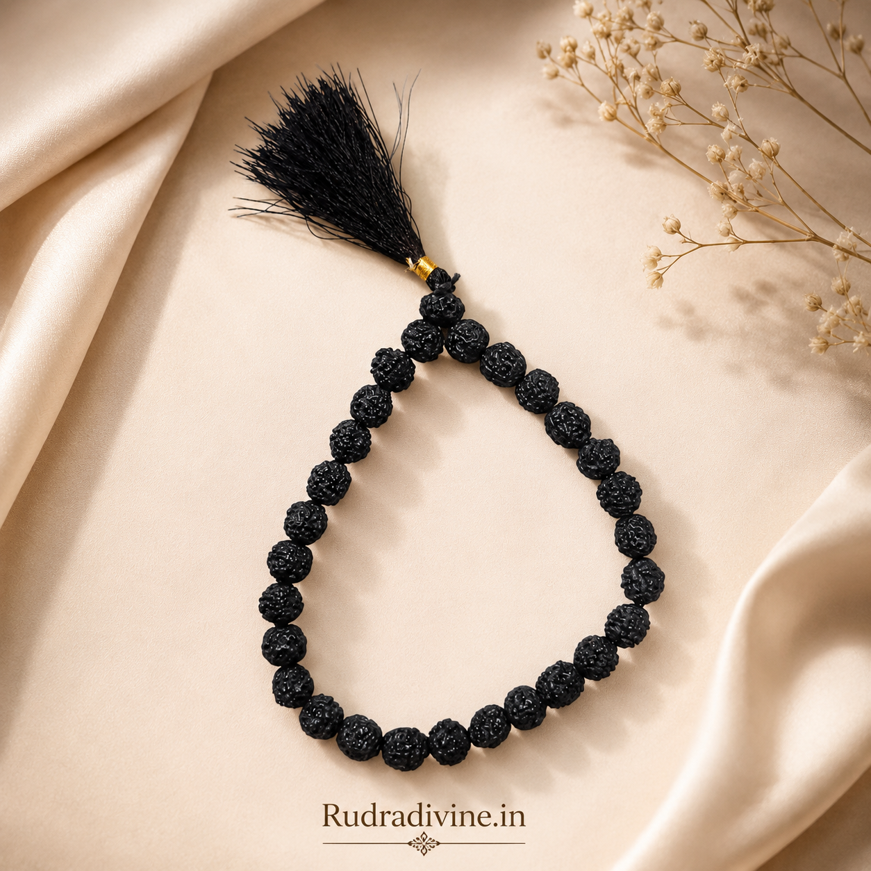 Black Rudraksha Mala 27+1 Beads crafted with natural 8MM Rudraksha beads and official Lab Certificate by Rudradivine for meditation, protection and spiritual wellness.
