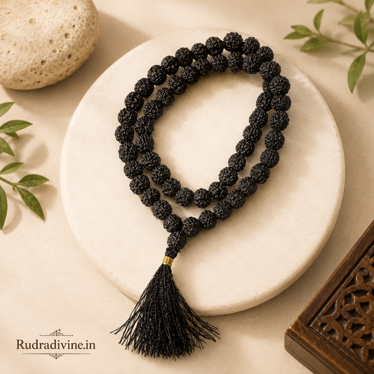 Black Rudraksha Mala 54+1 Beads crafted with natural 8MM Rudraksha beads and official Lab Certificate by Rudradivine for meditation, protection and spiritual wellness.