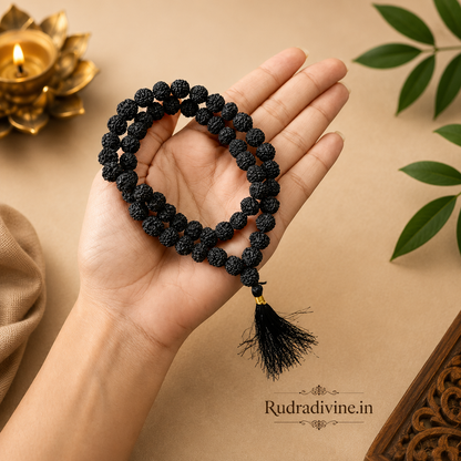 Black Rudraksha Mala 54+1 Beads crafted with natural 8MM Rudraksha beads and official Lab Certificate by Rudradivine for meditation, protection and spiritual wellness.