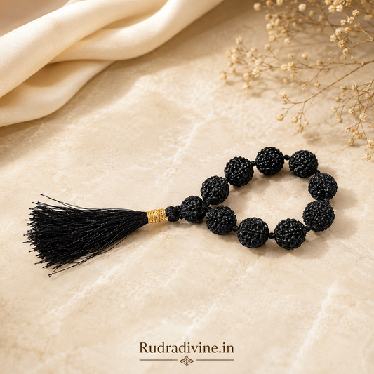 Black Rudraksha Mala 9+1 Beads crafted with natural 8MM Rudraksha beads and official Lab Certificate by Rudradivine for meditation, protection and spiritual wellness.