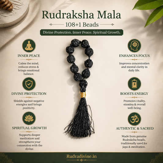 Black Rudraksha Mala 9+1 Beads crafted with natural 8MM Rudraksha beads and official Lab Certificate by Rudradivine for meditation, protection and spiritual wellness.