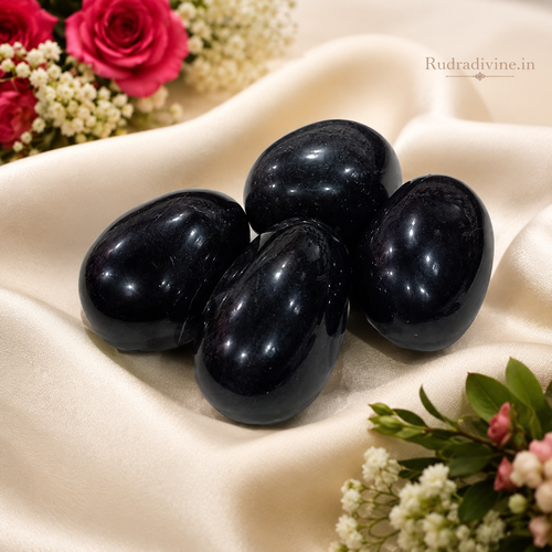 Natural Black Shivling Stone with official Lab Certificate by Rudradivine, ideal for Tulsi plant, home temple, Shiva worship, Abhishek and daily spiritual rituals.