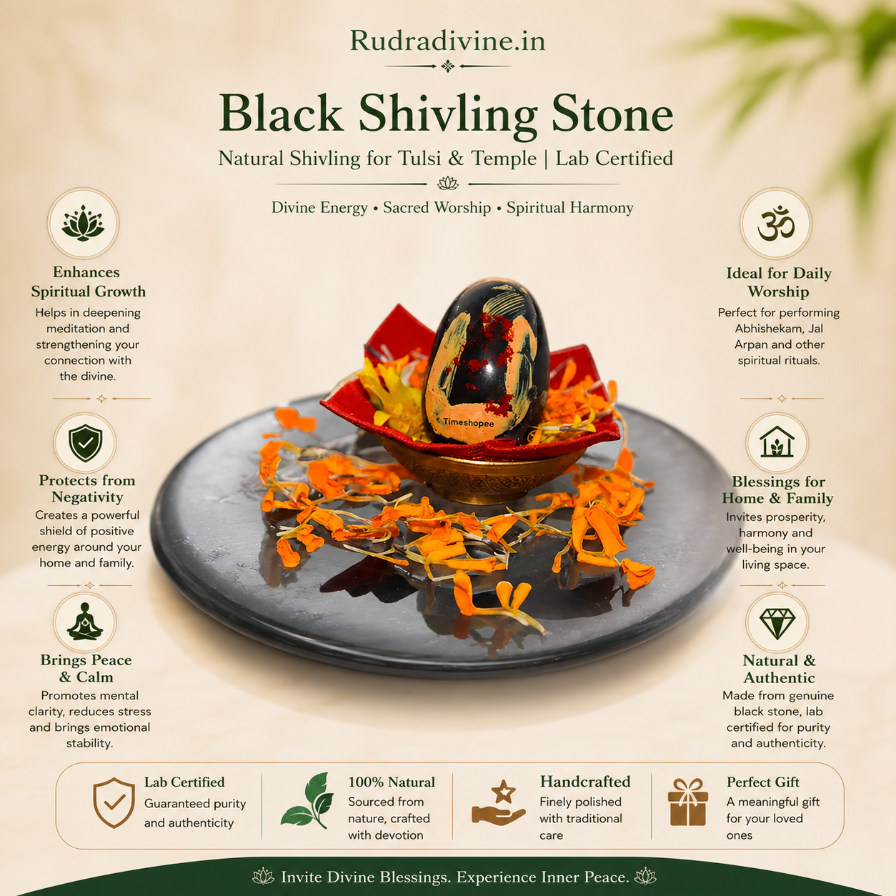 Natural Black Shivling Stone with official Lab Certificate by Rudradivine, ideal for Tulsi plant, home temple, Shiva worship, Abhishek and daily spiritual rituals.