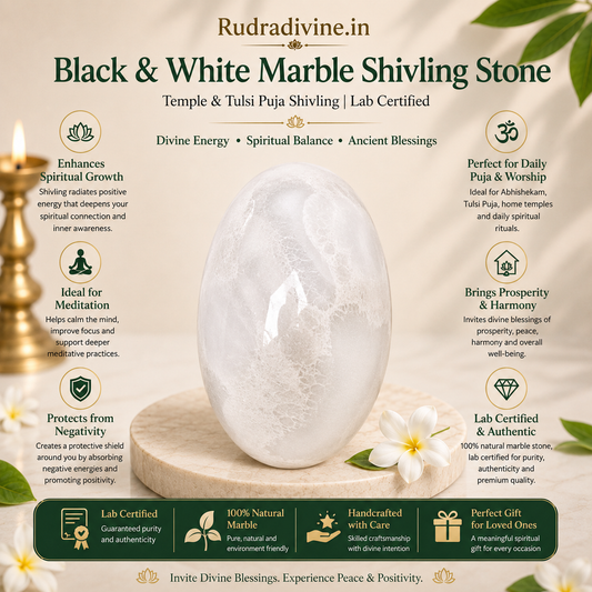 Black & White Marble Shivling Stone crafted from natural marble with official Lab Certificate by Rudradivine for temple, Tulsi puja and daily Shiva worship.