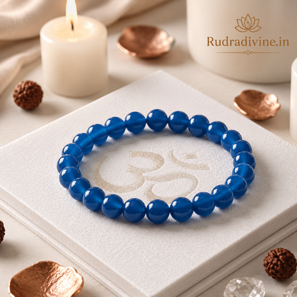 Blue Agate Bracelet 8MM Beads crafted with natural Blue Agate gemstones and official Lab Certificate by Rudra Divine for emotional balance, protection, and spiritual wellness.