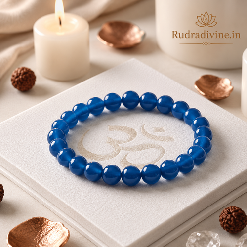 Blue Agate Bracelet 8MM Beads crafted with natural Blue Agate gemstones and official Lab Certificate by Rudra Divine for emotional balance, protection, and spiritual wellness.