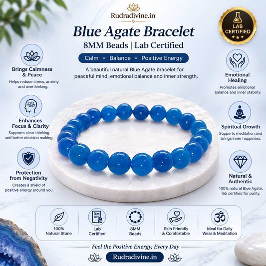 Blue Agate Bracelet 8MM Beads crafted with natural Blue Agate gemstones and official Lab Certificate by Rudra Divine for emotional balance, protection, and spiritual wellness.