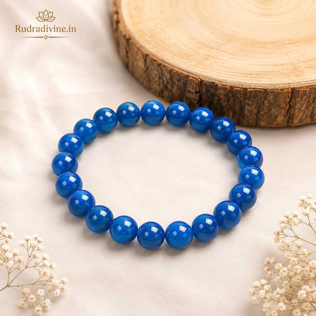 Blue Agate Bracelet 8MM Beads crafted with natural Blue Agate gemstones and official Lab Certificate by Rudra Divine for emotional balance, protection, and spiritual wellness.