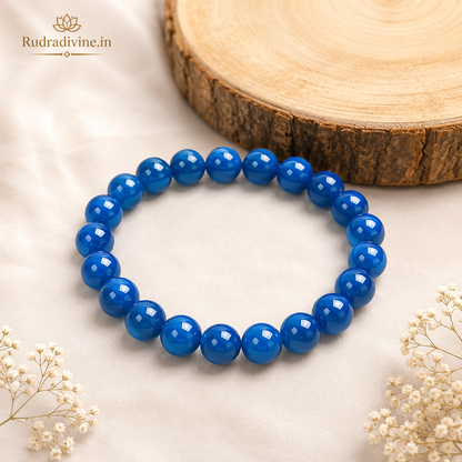 Blue Agate Bracelet 8MM Beads crafted with natural Blue Agate gemstones and official Lab Certificate by Rudra Divine for emotional balance, protection, and spiritual wellness.