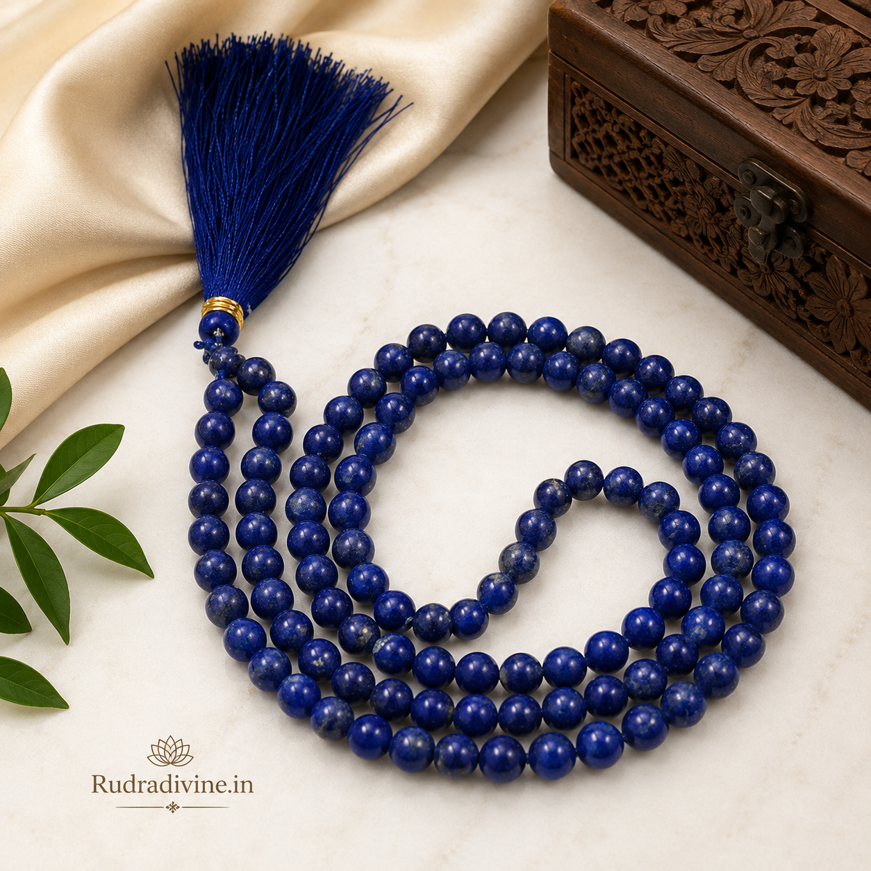 Blue Agate Mala 108+1 Beads crafted with natural 8MM Blue Agate gemstones and official Lab Certificate by Rudra Divine for meditation, mantra chanting and spiritual wellness.