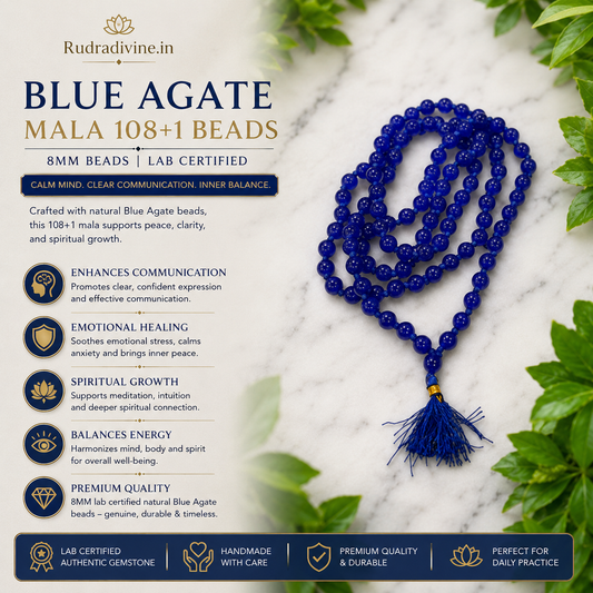 Blue Agate Mala 108+1 Beads crafted with natural 8MM Blue Agate gemstones and official Lab Certificate by Rudra Divine for meditation, mantra chanting and spiritual wellness.