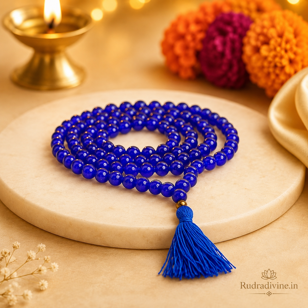 Blue Agate Mala 108+1 Beads crafted with natural 8MM Blue Agate gemstones and official Lab Certificate by Rudra Divine for meditation, mantra chanting and spiritual wellness.