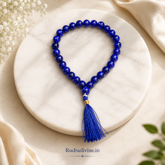 Blue Agate Mala 27+1 Beads crafted with natural 8MM Blue Agate gemstones and official Lab Certificate by Rudradivine for meditation, mantra chanting and spiritual wellness.