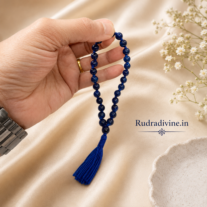 Blue Agate Mala 27+1 Beads crafted with natural 8MM Blue Agate gemstones and official Lab Certificate by Rudradivine for meditation, mantra chanting and spiritual wellness.