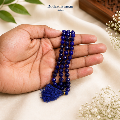 Blue Agate Mala 54+1 Beads crafted with natural 8MM Blue Agate gemstones and official Lab Certificate by Rudra Divine for meditation, mantra chanting and spiritual wellness.