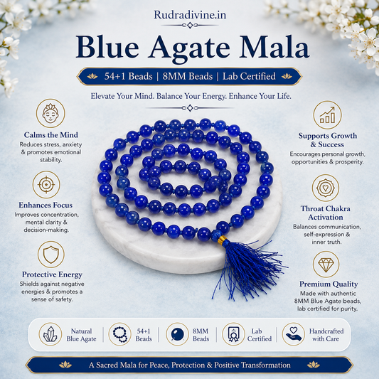 Blue Agate Mala 54+1 Beads crafted with natural 8MM Blue Agate gemstones and official Lab Certificate by Rudra Divine for meditation, mantra chanting and spiritual wellness.