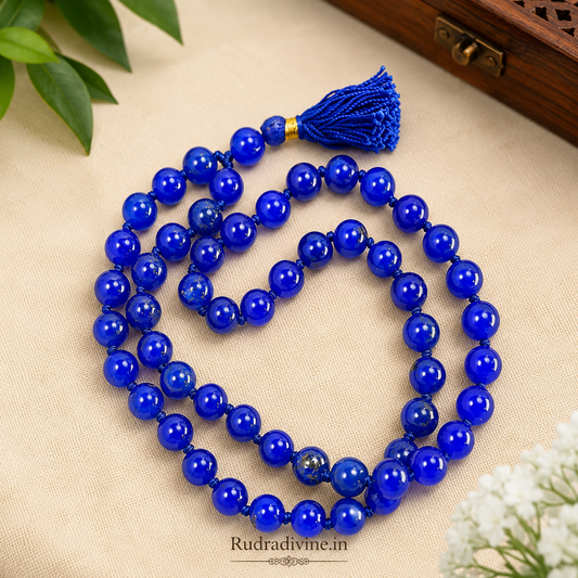 Blue Agate Mala 54+1 Beads crafted with natural 8MM Blue Agate gemstones and official Lab Certificate by Rudra Divine for meditation, mantra chanting and spiritual wellness.