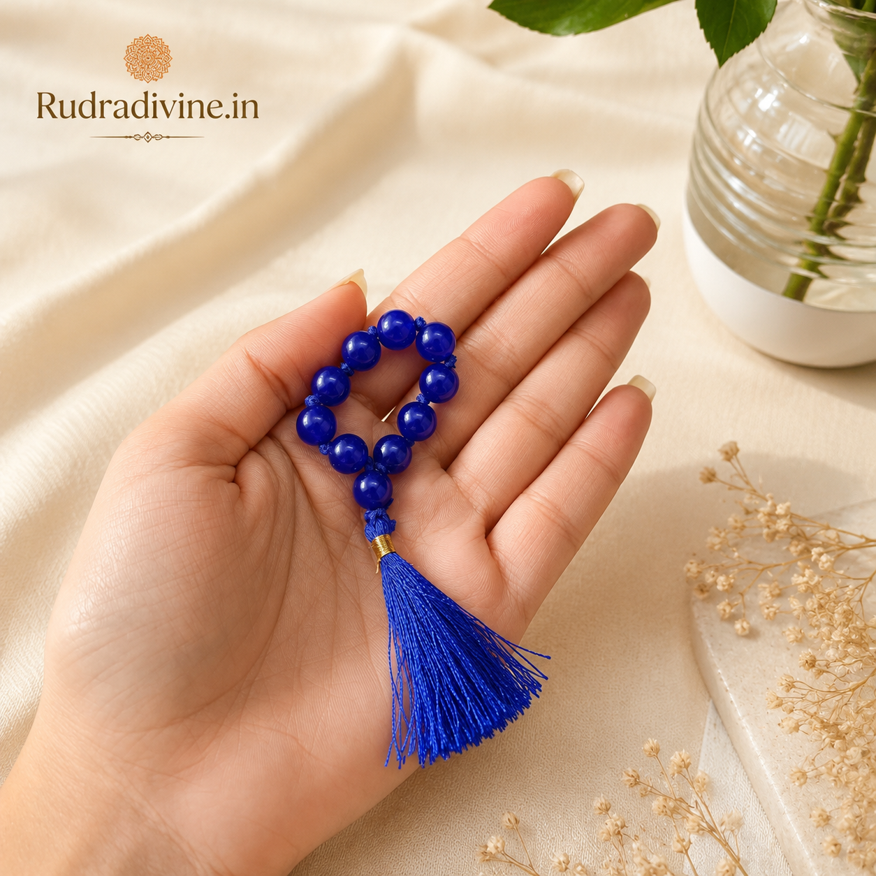 Blue Agate Mala 9+1 Beads crafted with natural 8mm Blue Agate gemstones and official Lab Certificate by Rudradivine.in for confidence, protection and meditation